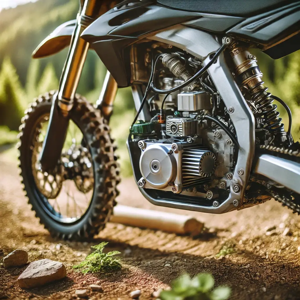 A close-up shot of an electric dirt bike's motor and battery 