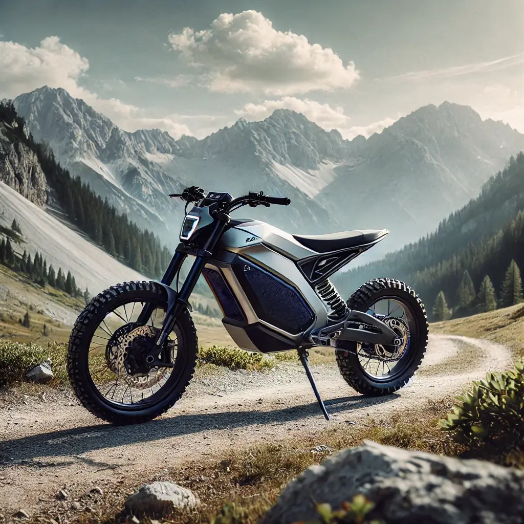 modern electric dirt bike on a rugged mountain trail, The bike has a clean, 